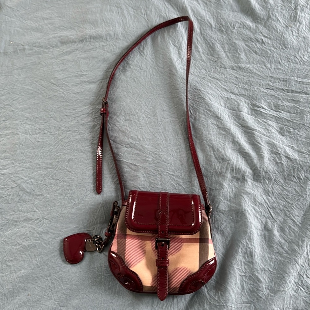 Burberry Burgundy/Beige House Check Patent Leather Heart Flap Crossbody Bag.